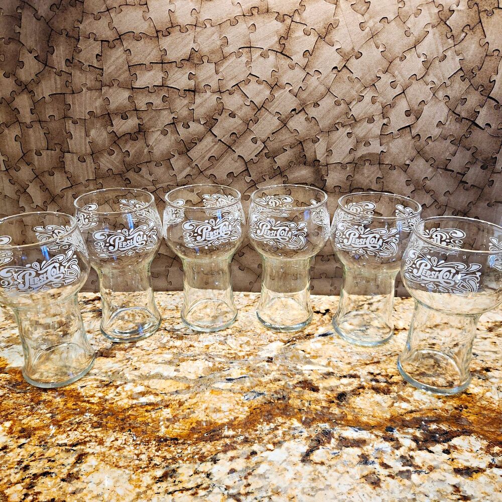 Vintage 1970s Pepsi Cola Pedestal Glasses Set of 6 White Swirl Logo MINT